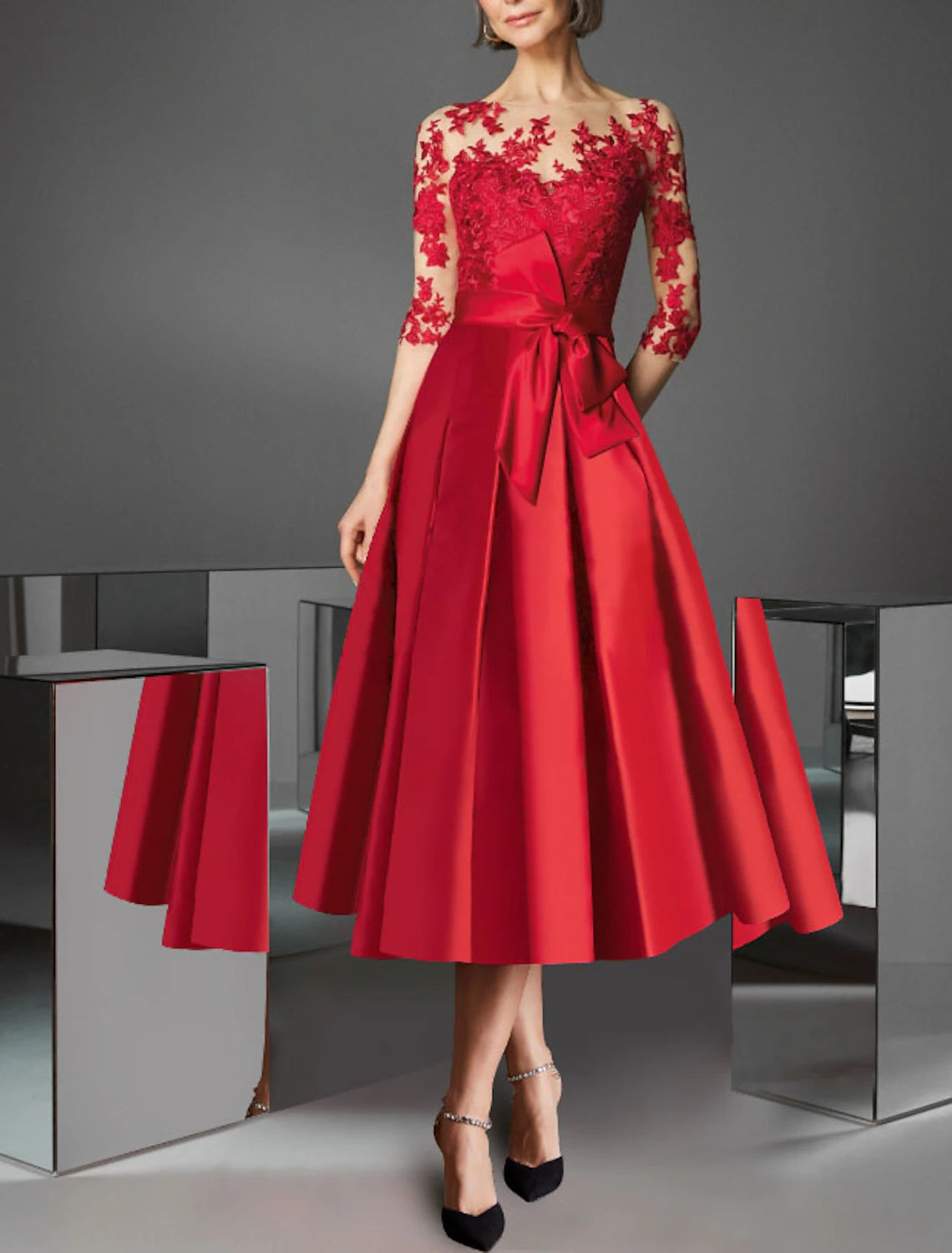 Wholesale A-Line Cocktail Party Dress Christmas Red Green Dress Floral Dress Kentucky Derby Tea Length 3/4 Length Sleeve Off Shoulder Fall Wedding Guest Satin with Pleats Appliques
